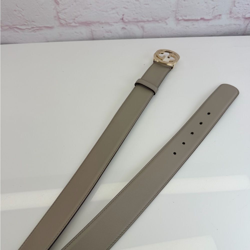 Authentic Gucci Gray Interlocking G Leather Belt Gold Buckle 546386 85/34 - Picture 6 of 9